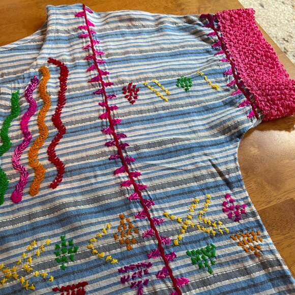 Size Large Anthropologie Ruby Yaya blue white stripes embroidered cotton dress - Picture 11 of 14